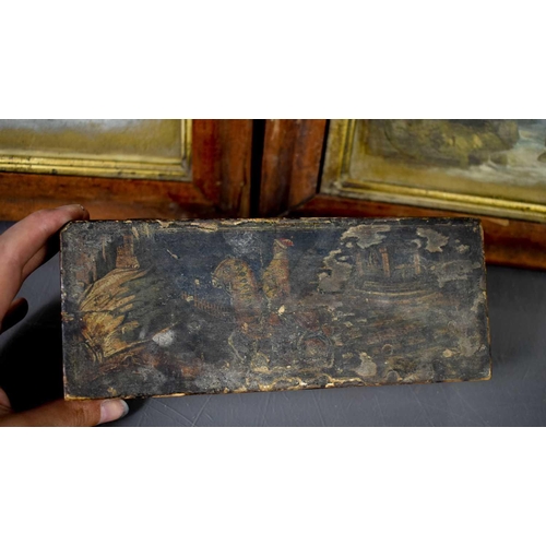 409 - A pair of gouache landscape paintings, together with a 19th century box, painted with a figure on ho... 