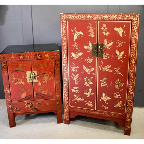 496 - Two Chinese red lacquered cabinets, one decorated with gilded butterflies and flowers, the larger ca... 