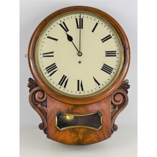 6 - A Victorian mahogany drop dial wall clock, painted dial with brass fusee single train movement, scro... 