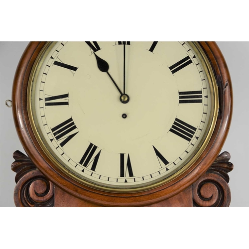 6 - A Victorian mahogany drop dial wall clock, painted dial with brass fusee single train movement, scro... 