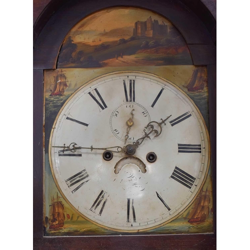 62 - A 19th century oak and mahogany longcase clock, the arched painted Roman numeral dial having a calen... 