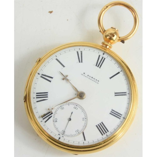 74 - An 18ct gold cased pocket watch by S. Burman of Manchester, white enamel dial bearing Roman numerals... 