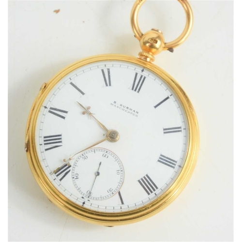 74 - An 18ct gold cased pocket watch by S. Burman of Manchester, white enamel dial bearing Roman numerals... 