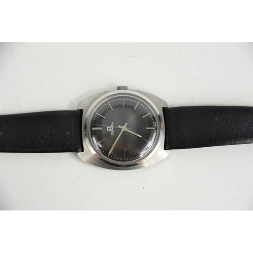 90 - A vintage Zenith gentleman's wristwatch, the black dial with baton numerals, leather strap.