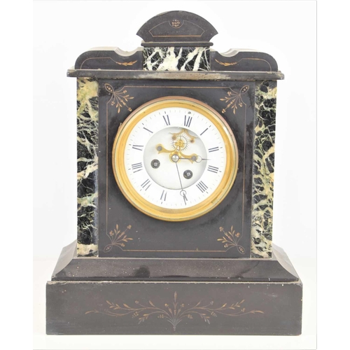 113 - A French 19th century 8 day striking slate and marble mantel clock with visible Brocot escapement, e... 