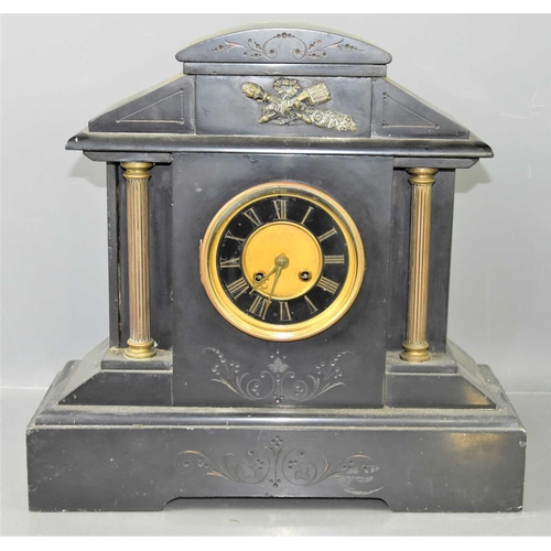 114 - A 19th century French slate 8 day mantle clock, enamel and brass dial with Roman numerals, with two ... 