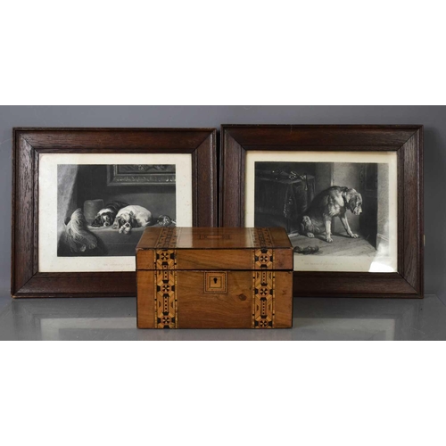 148 - A pair of 19th century dog prints, together with a 19th century parquetry inlaid work box.