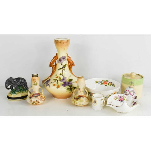 163 - A group of ceramics to include a trinket box in the form of an elephant, Aynsley dishes and three bu... 