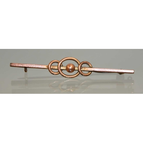 168 - A 9ct gold bar brooch of triple loop design, with beaded centre, approximately 56mm long, 1.98g.