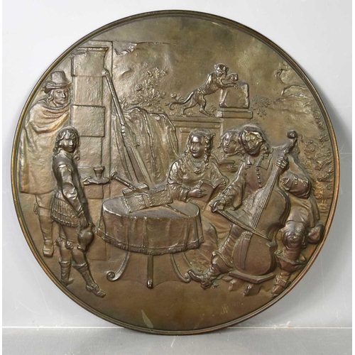 174 - A 19th century style metal work plaque depicting musicians, 58cm.