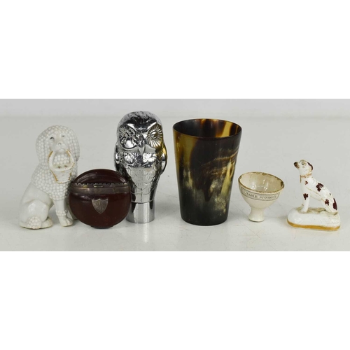 179 - A Victorian horn beaker, Staffordshire dog, snuff box, medical cup, and owl.