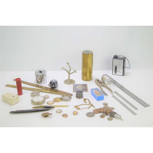 181 - A group of collectable items to include a J. Rabone and Sons brass ruler, coins, steel rules, brass ... 