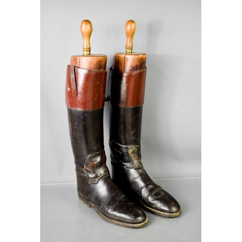 196 - A pair of antique boot trees together with pair of leather gentleman's boots.