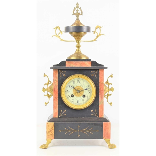 2 - A late 19th century French marble, slate and bronze mantle clock, retailed by Friedrich Bohler, two ... 