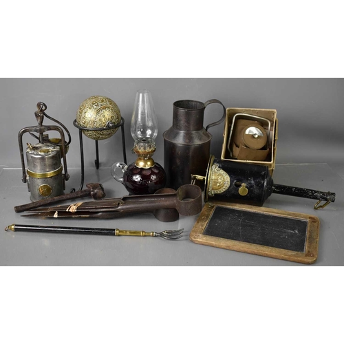 222 - A group of collectables to include antique measures, metalware tankard, small glass parafin lamp, ch... 