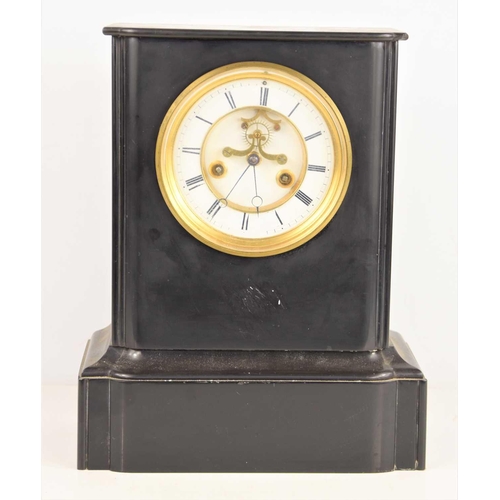 26 - A late 19th century French slate mantle clock, the circular dial with Roman numerals with visible Br... 