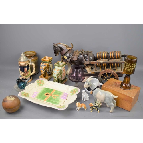 272 - A ceramic Shire horse and cart together with a German stein, asparagus dish, various ceramic animals... 