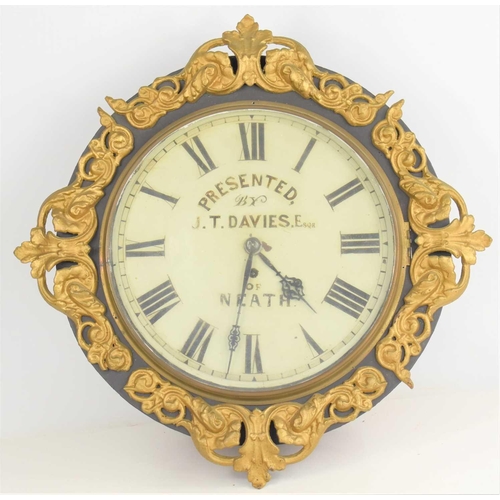 30 - A 19th century wall clock, presented by J. T. Davies Esquire of Neath, with Roman numeral dial, and ... 