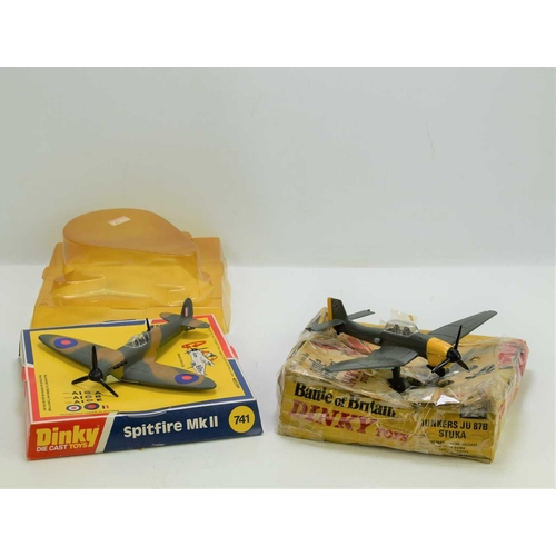 330 - Two Dinky toys diecast models of a Junkers Stuka and a Spitfire mkii, model numbers 741 and 721, wit... 