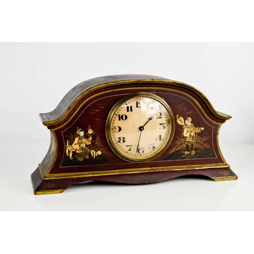 35 - An early 20th century Chinoiserie mantle clock, with gilt arabic dial, the red lacquered case hand p... 