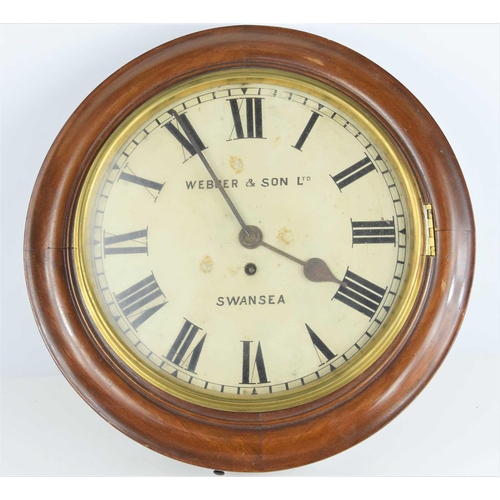 38 - A 19th century mahogany cased fusee wall clock, the dial signed Webber & Son Ltd Swansea, with pendu... 