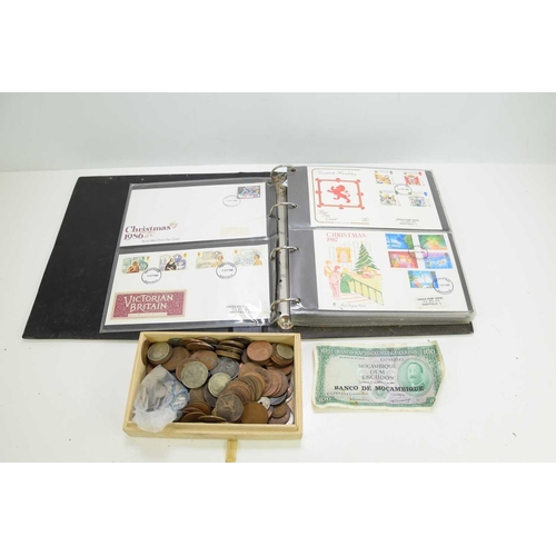 381 - A quantity of GB and worldwide coinage, some silver, together with an album of First Day Covers.