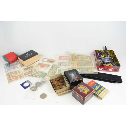 384 - A group of worldwide banknotes and coinage together with a quantity of costume jewellery and watches... 