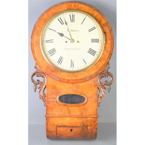 4 - A 19th century walnut cased drop dial clock, the dial signed R. Jones, Southport, with twin fusee mo... 