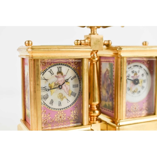 40 - A French gilt brass double miniature carriage clock and barometer, with pink porcelain and gilt pane... 