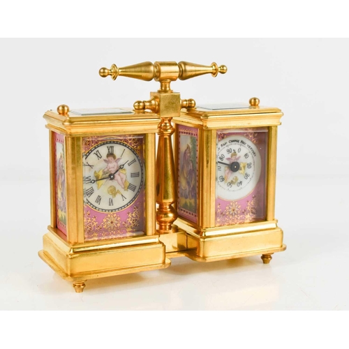 40 - A French gilt brass double miniature carriage clock and barometer, with pink porcelain and gilt pane... 