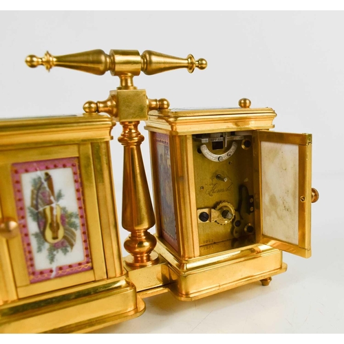 40 - A French gilt brass double miniature carriage clock and barometer, with pink porcelain and gilt pane... 