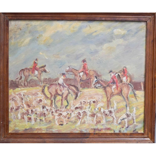 402 - A 20th century unsigned oil on board, depicting the Hunt, 37 by 44cm