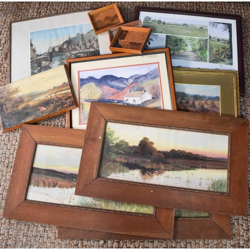 407 - A group of pictures and prints, including a pair of landscape paintings.