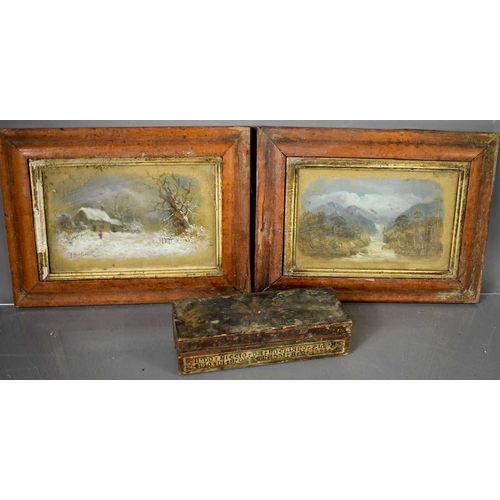 409 - A pair of gouache landscape paintings, together with a 19th century box, painted with a figure on ho... 