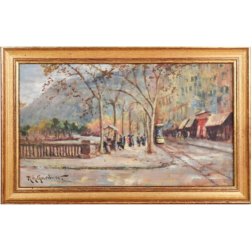 415 - R.A Gardner(20th century): oil on board depicting a Parisian street scene, 25cm by 35cm.