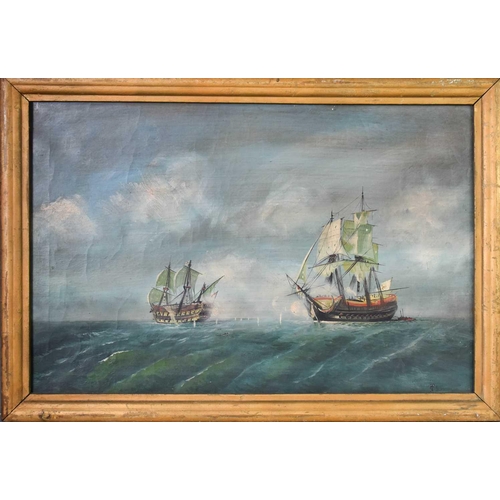 424 - A 19th century oil on canvas, depicting sailing ships at sea, unsigned.