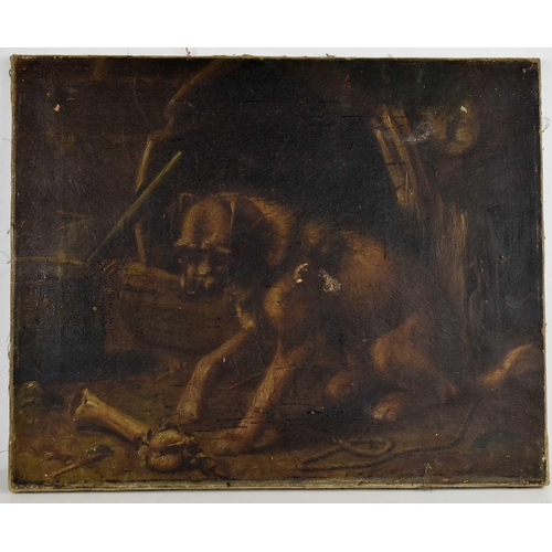 428 - A 19th century oil on canvas, depicting a dog with a bone.