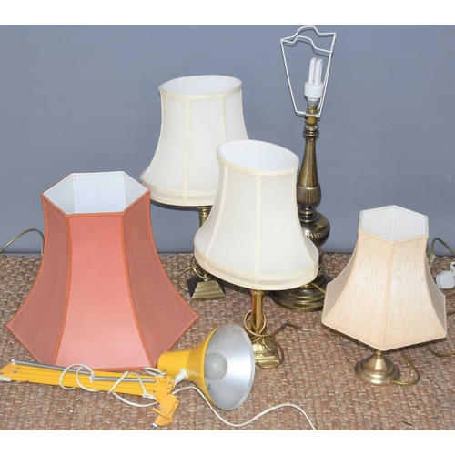 440 - Four brass table lamps with shades of various styles together with a HCF of Denmark anglepoise lamp.