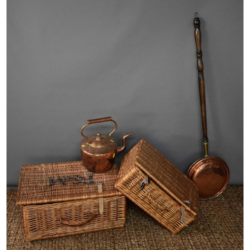 458 - Two wicker picnic baskets, one by Fortnum & Mason, together with a Victorian brass kettle and warmin... 