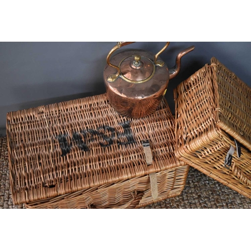 458 - Two wicker picnic baskets, one by Fortnum & Mason, together with a Victorian brass kettle and warmin... 