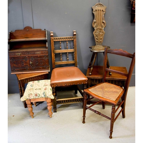 461 - A group of furniture to include Welsh stool, oak wall cabinet, a 19th century mahogany bedroom chair... 