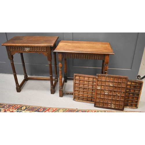 462 - Two oak 18th century style side tables, one with a drawer, together with two ink block trays.