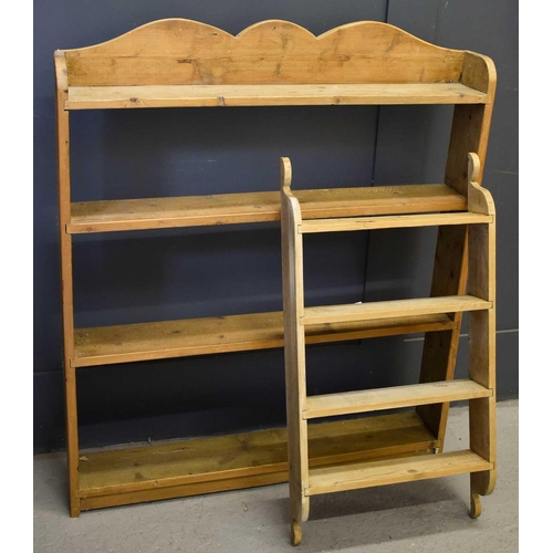 484 - An antique pine wall shelf with shaped top, together with a smaller spice rack, the shelf measures 1... 