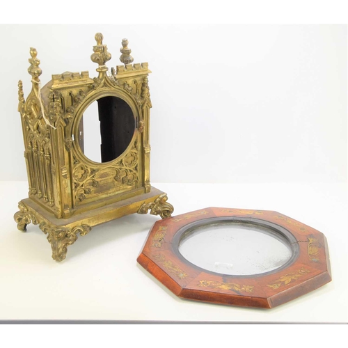 50 - A 19th century Gothic Revival mantle clock case, the gilt metal with central circular aperture, goth... 