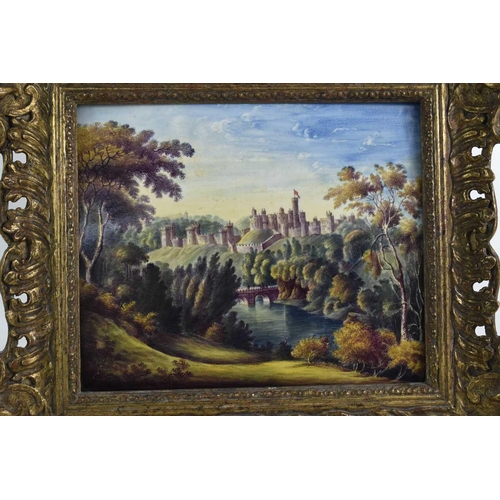 10 - A 19th century oil on porcelain plaque, depicting a castle in the distance, with figures on a bridge... 