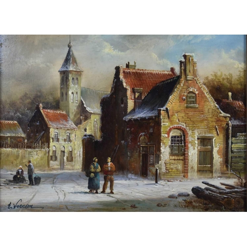 11 - E Vernon (20th century): Dutch snowy townscape, with figures to the fore; oil on board, in the 18th ... 