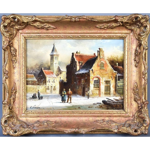 11 - E Vernon (20th century): Dutch snowy townscape, with figures to the fore; oil on board, in the 18th ... 