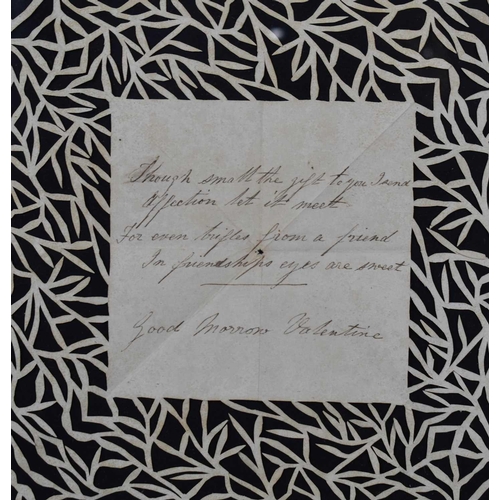 118 - A Victorian lovers papercut pattern, the centre handwritten 'Though small the gift to you I send, Af... 