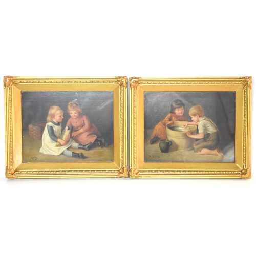 12 - P.Karby (19th century): A pair of oils on panel of children playing, one depicting two girls playing... 