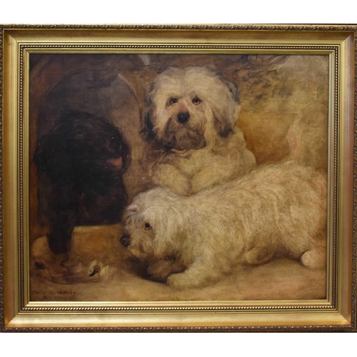 13 - Walter Harrowing (19th century): three dogs with a bone, oil on board, dated 1863, signed lower left... 